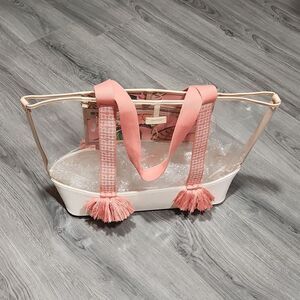 EUC Spartina 449 XL Clear Peach Pom Pom Tote Beach Bag